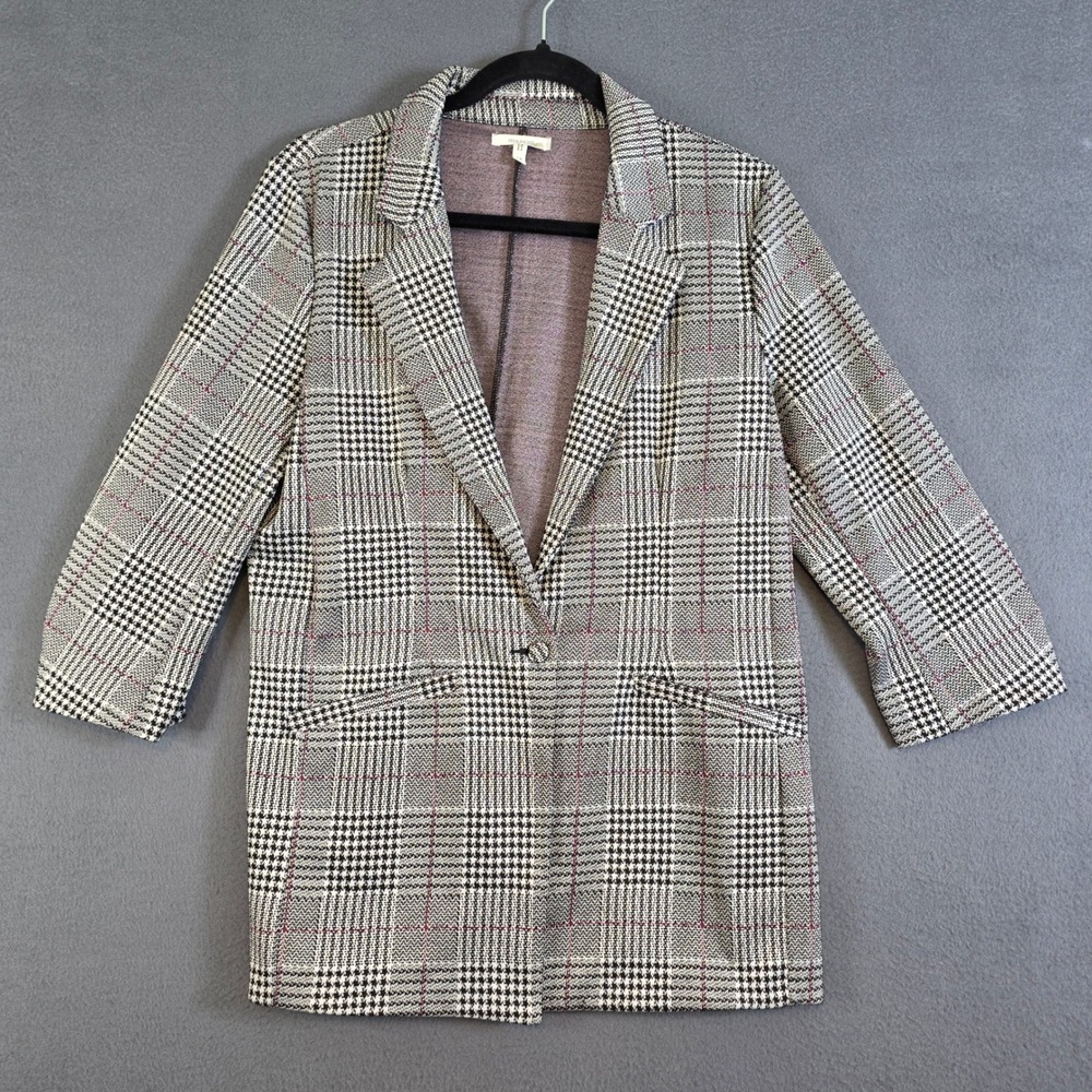 Maurices Plaid Blazer Womens Medium Gray Red Glen Check 3/4 Sleeve Academia